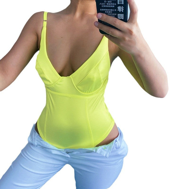 Dame Satin-Bustier-Top med dyb V-udskæring og elegant pasform Skovae