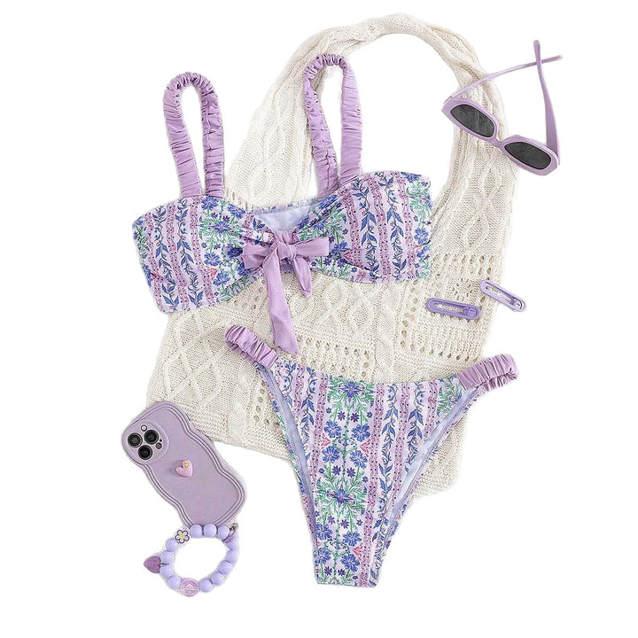 Dame Bandeau-bikini med blomsterdesign og legesyge flæser Skovae