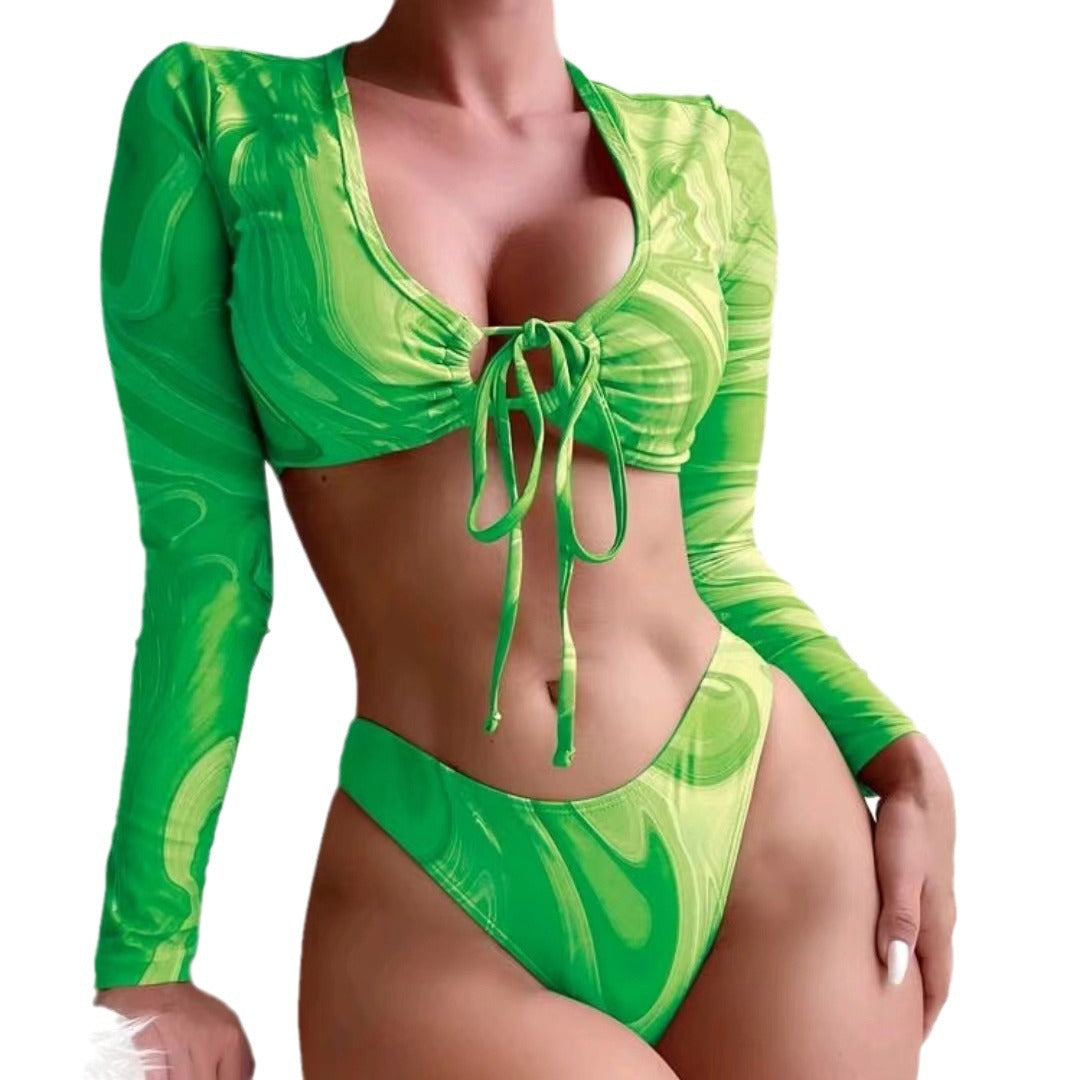 Dame Cropped Bikini-top med lange ærmer og trendy bindebånd Stilla
