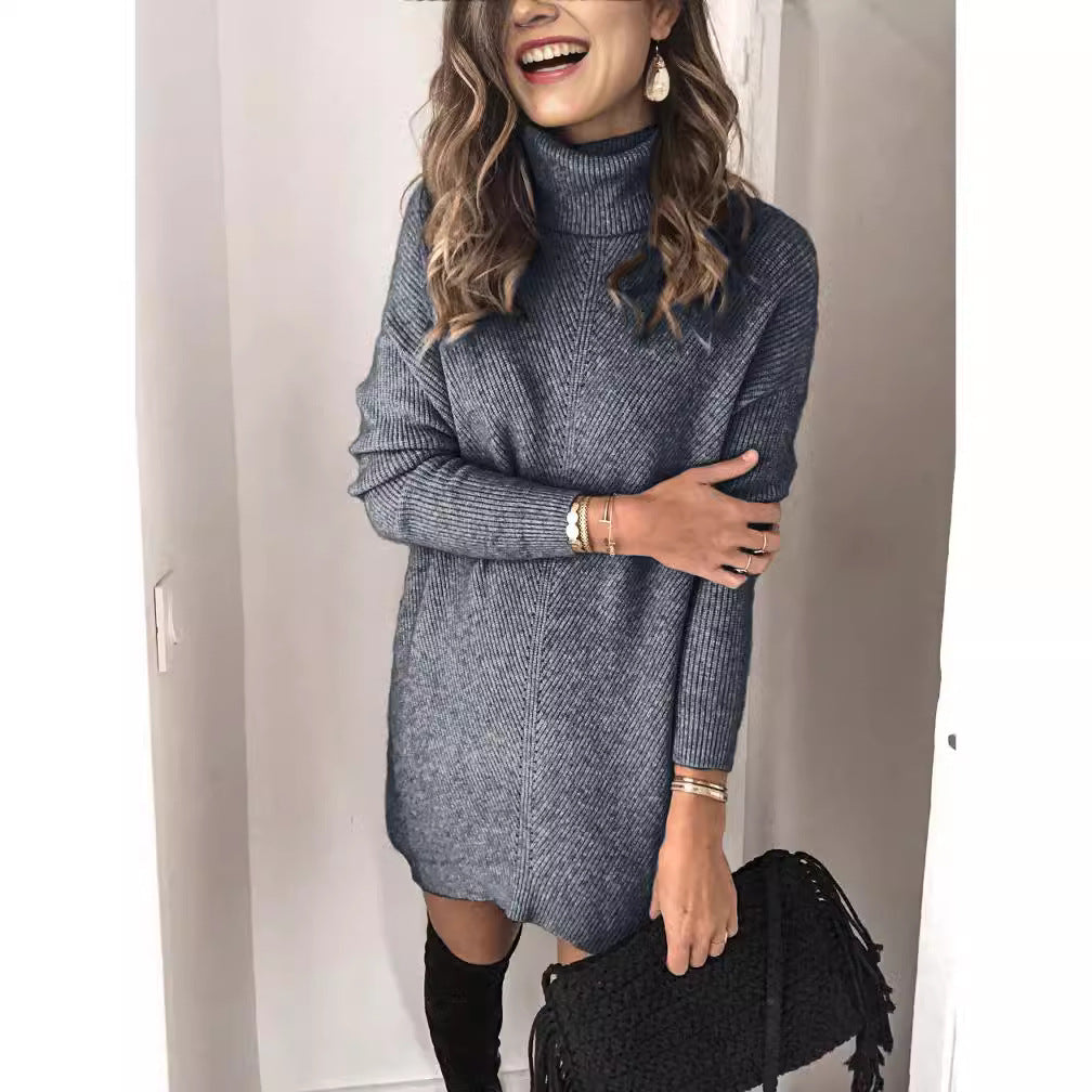 Damer elegant strikkjole med høj krave og fint ribdesign Stilla