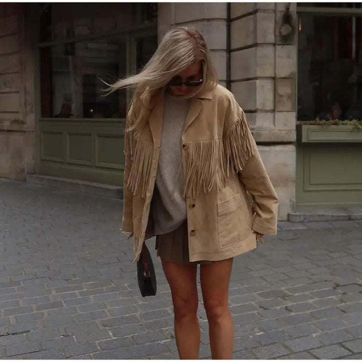 Dame Mode Suede Jakke med Frynser Stilla