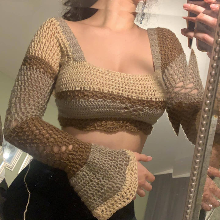 Dame hæklede Crop-Top med lange ærmer og usædvanlig kant Skovae