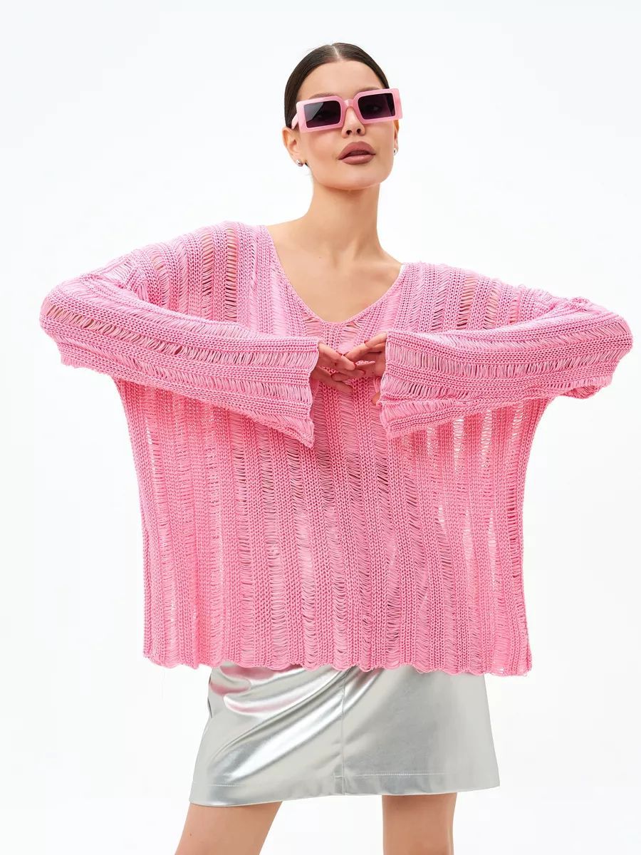 Dame store størrelse sweater i let strikmateriale med raffineret hulmønster Stilla