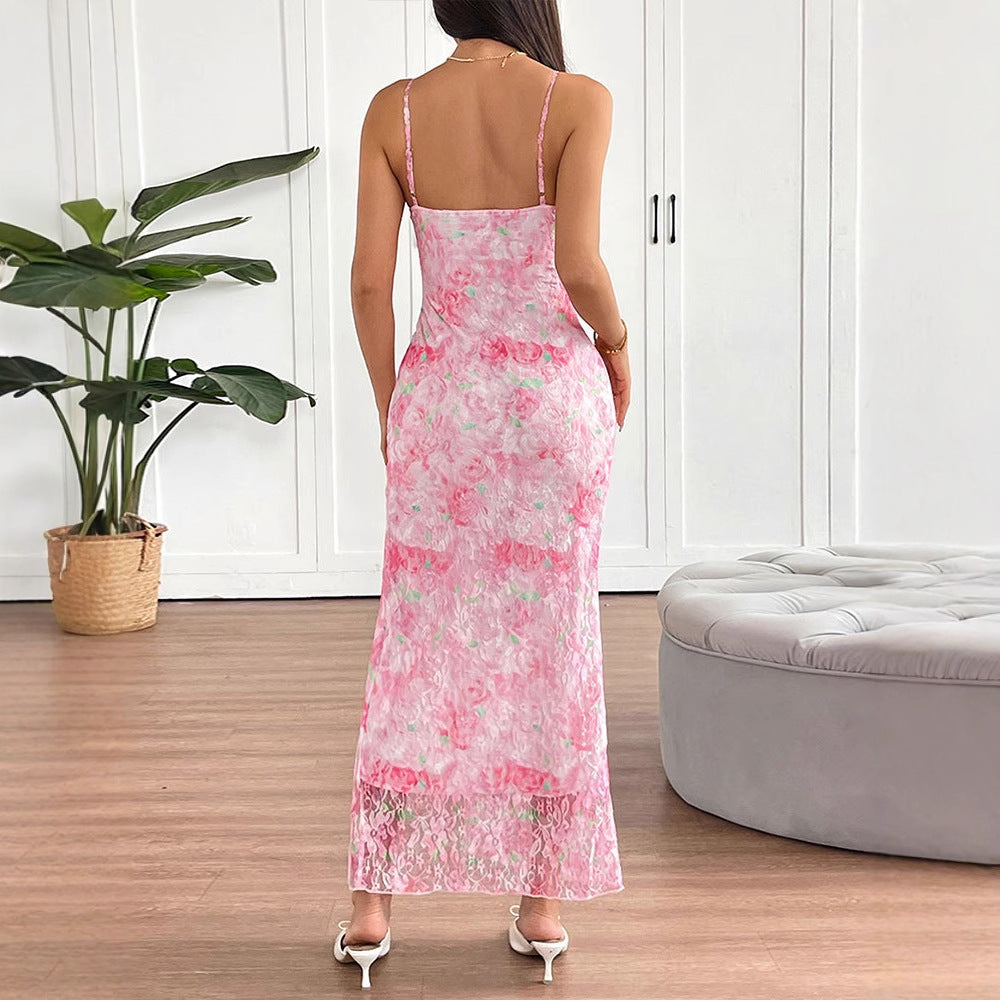 Dame elegant maxikjole med blomstermønster og sidelæg Skovae