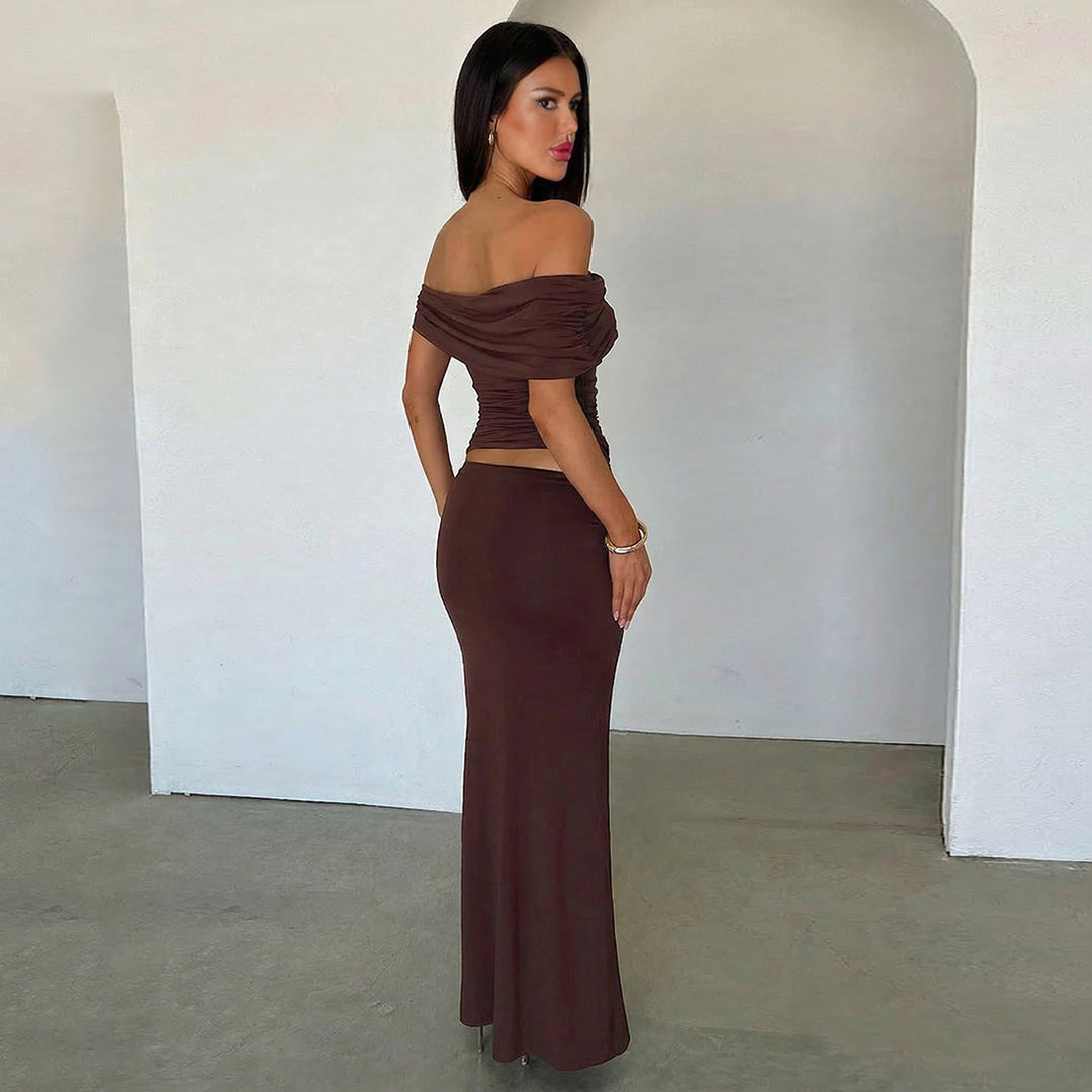 Dame Elegant Offshoulder Maxikjole med raffinerede rynkeeffekter Skovae