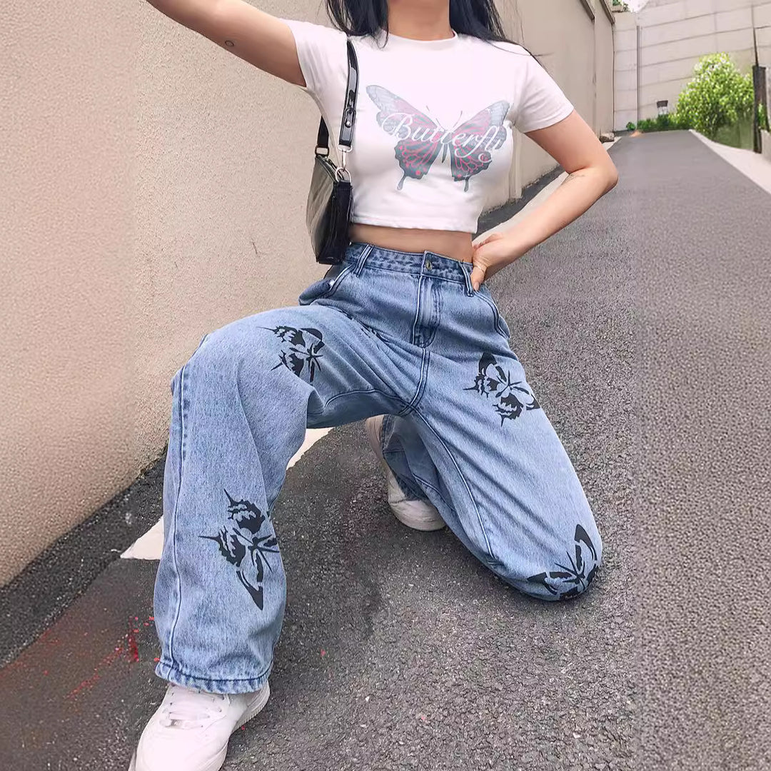 Dame bred jeans i original trykdesign Stilla