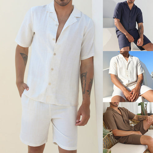 Herrer Let stråshorts med matchende skjorte Stilla