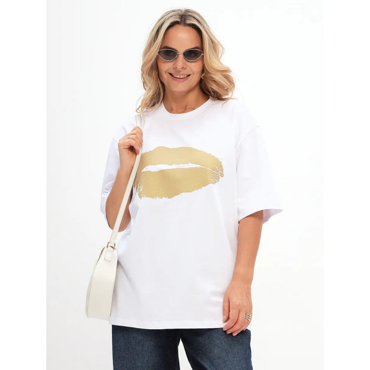 Dame Oversized T-shirt med glamorøs læbeapplikation og løs pasform Stilla