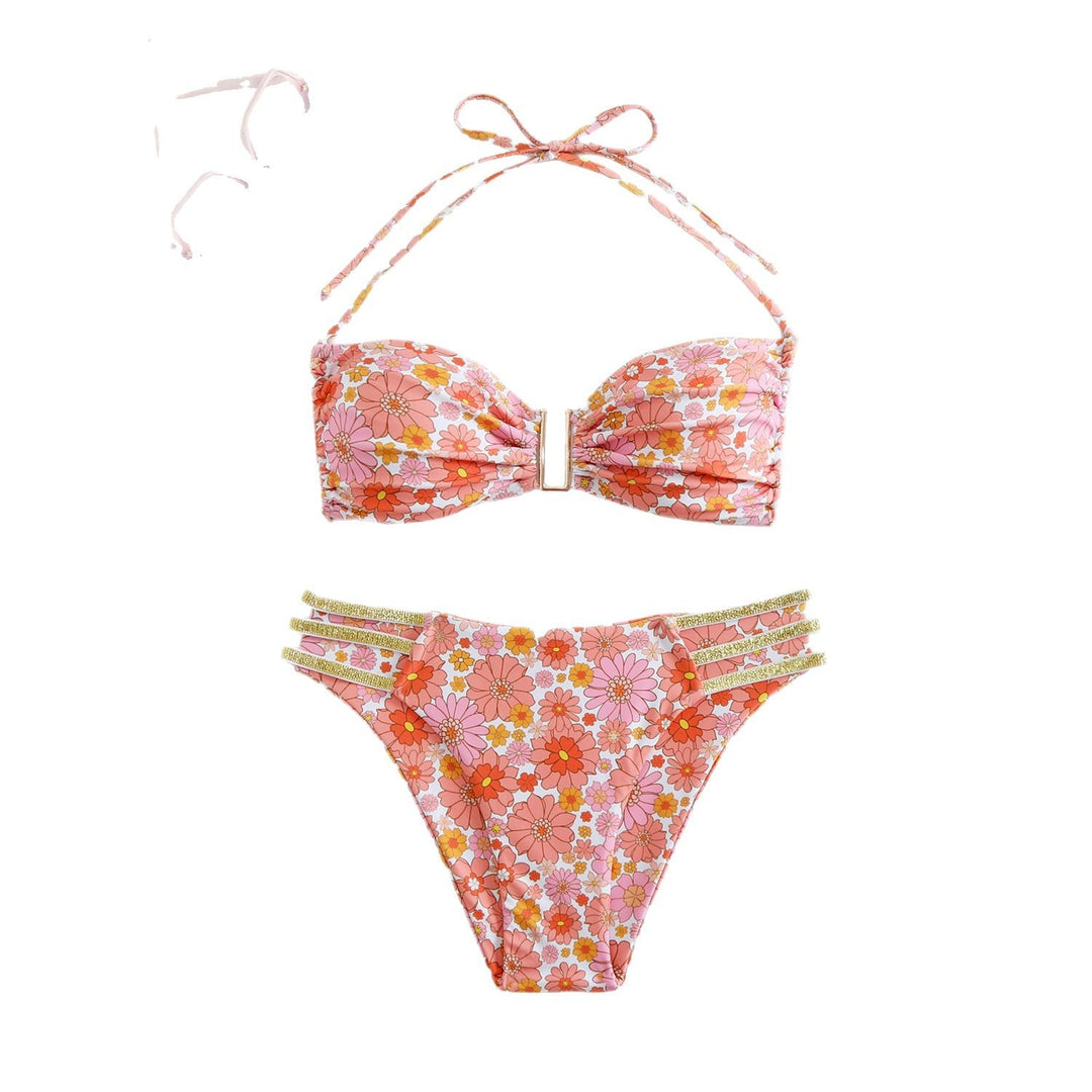 Dame bandeau-bikini med blomstret design og glinsende detaljer Stilla