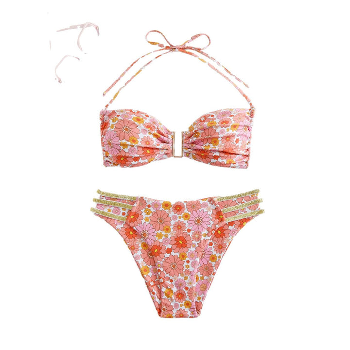 Dame bandeau-bikini med blomstret design og glinsende detaljer Stilla