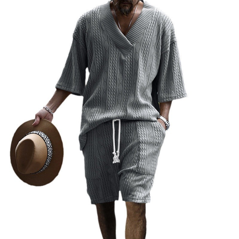 Herren casual struktur strik sæt med dyb V-udskæring boxy kortærmet sweater og snore shorts Skovae