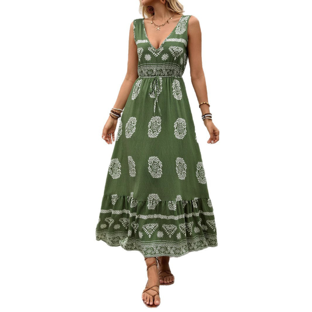 Dame Bohemian etno-print maxikjole med justerbar talje Stilla
