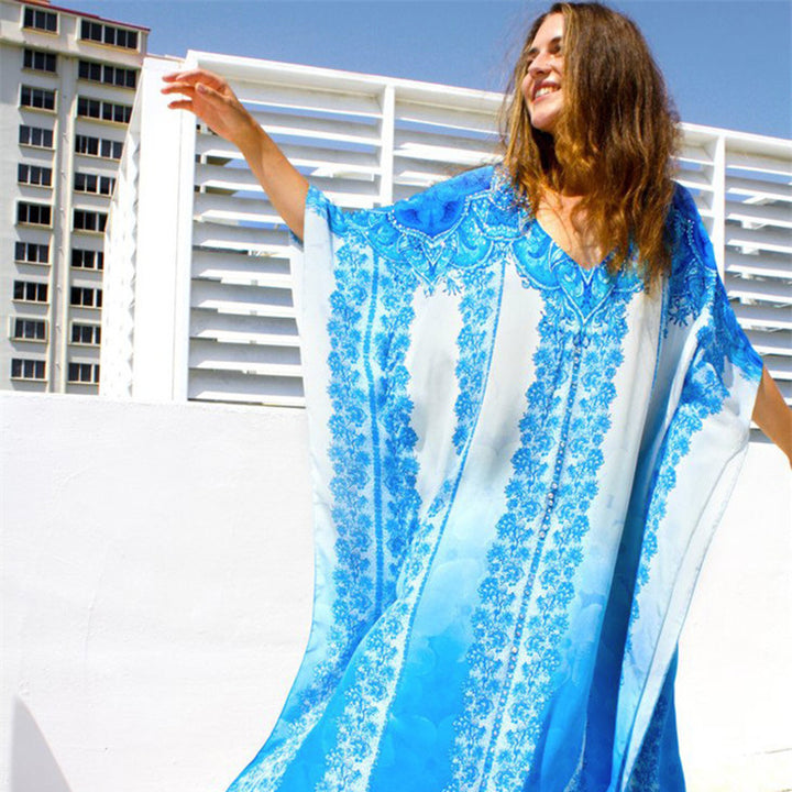 Dame Maxi-Kaftan med kunstnerisk blomsterdesign og elegant V-udskæring Stilla