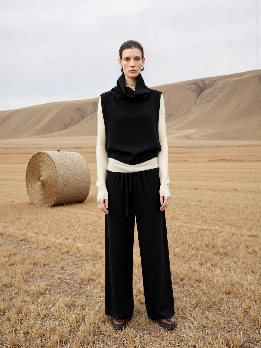 Kvinders fashionable strikket sweater med høj krave og brede bukser Stilla