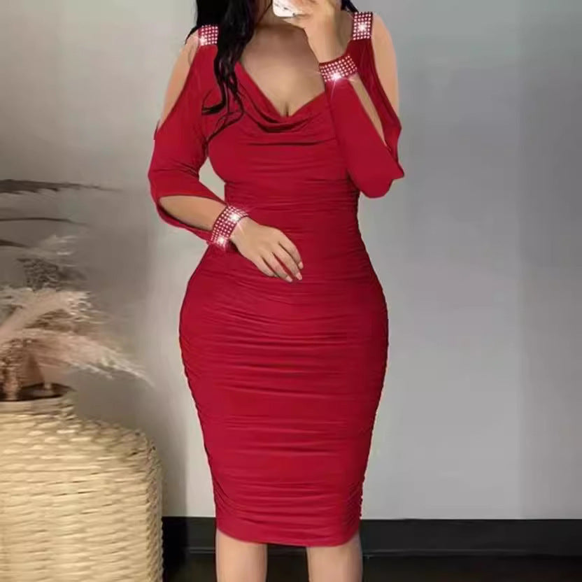 Dame Figurformet Cocktailkjole med detaljeret rynkning og Off-Shoulder-ærmer Skovae