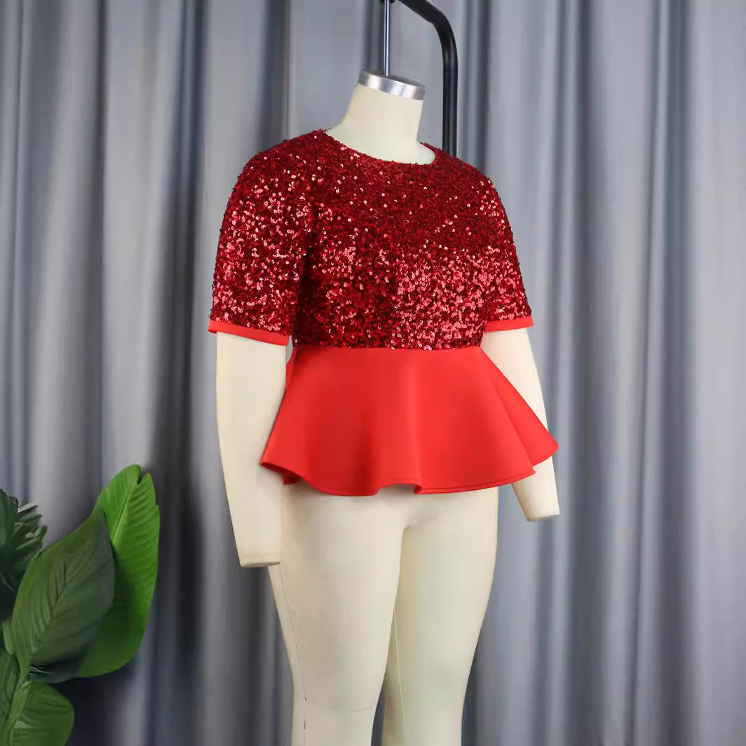 Damer elegant glitrende overdel med svajende peplum Skovae