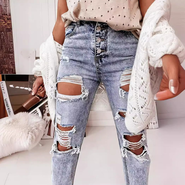 Dame ødelagte jeans i en behagelig boyfriend-fit med høj talje og Skovae-detaljer