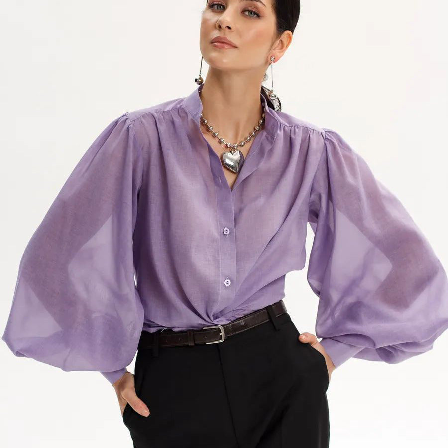 Damer Elegant Bluse med voluminøse Puffærmer og gennemsigtigt Stof Stilla