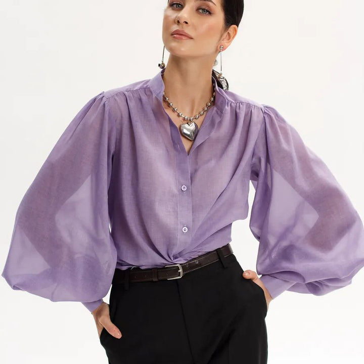 Damer Elegant Bluse med voluminøse Puffærmer og gennemsigtigt Stof Stilla