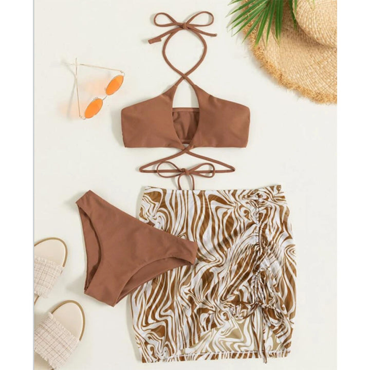 Dame Bandeau Bikini top med krydset design og matchende miniskørt Stilla