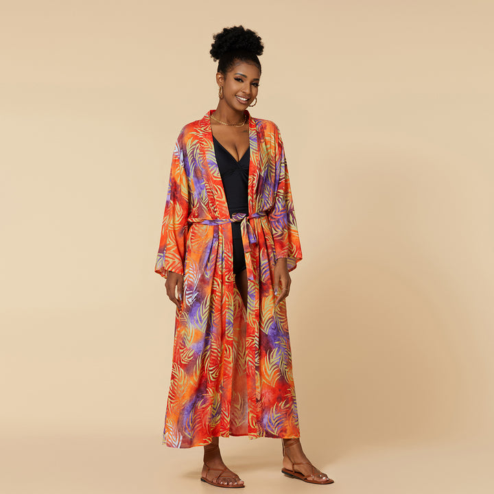 Dame Strandkimono med kunstnerisk dyredesign og elegant V-udskæring Stilla