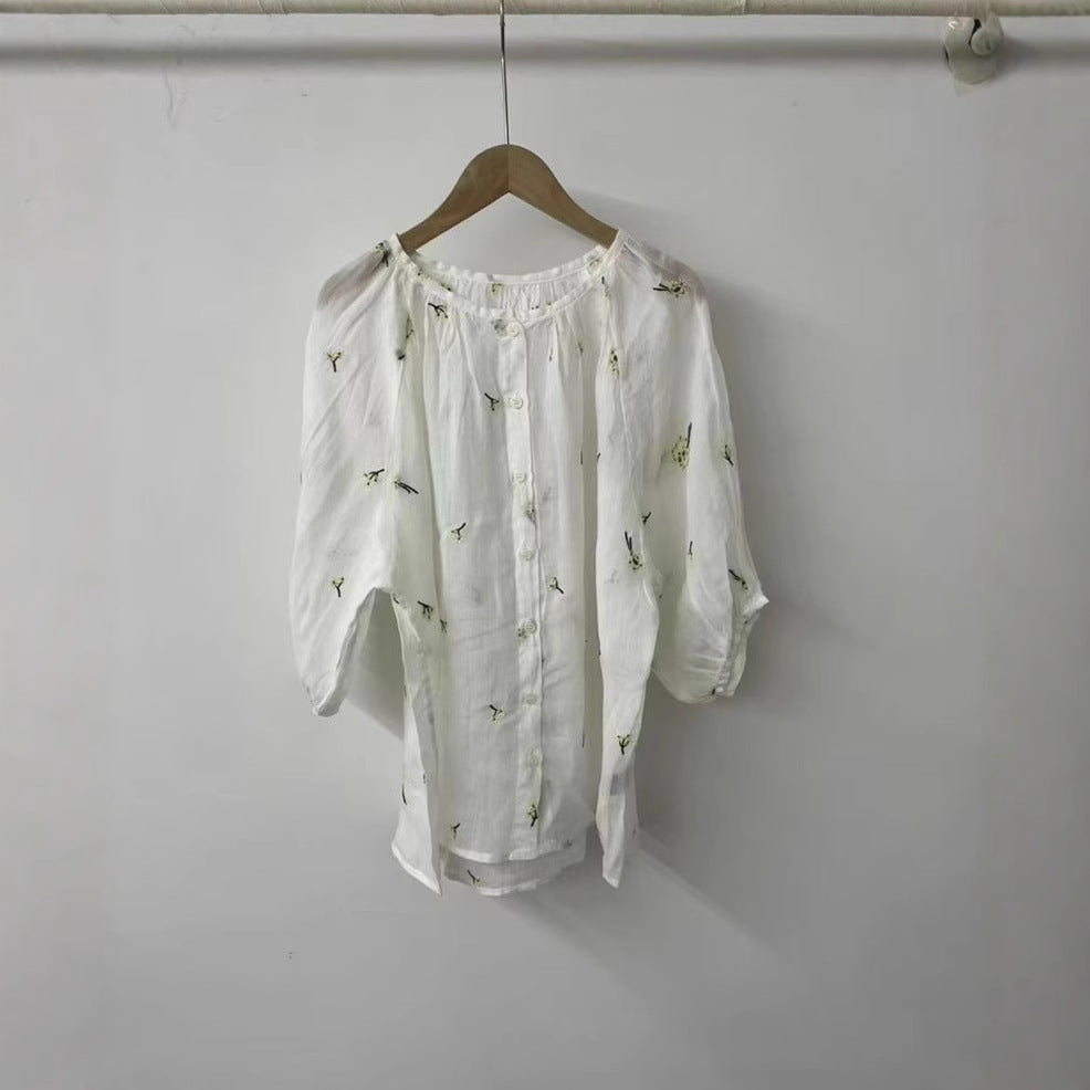 Dame Bestickt Oversize Knapbluse Stilla