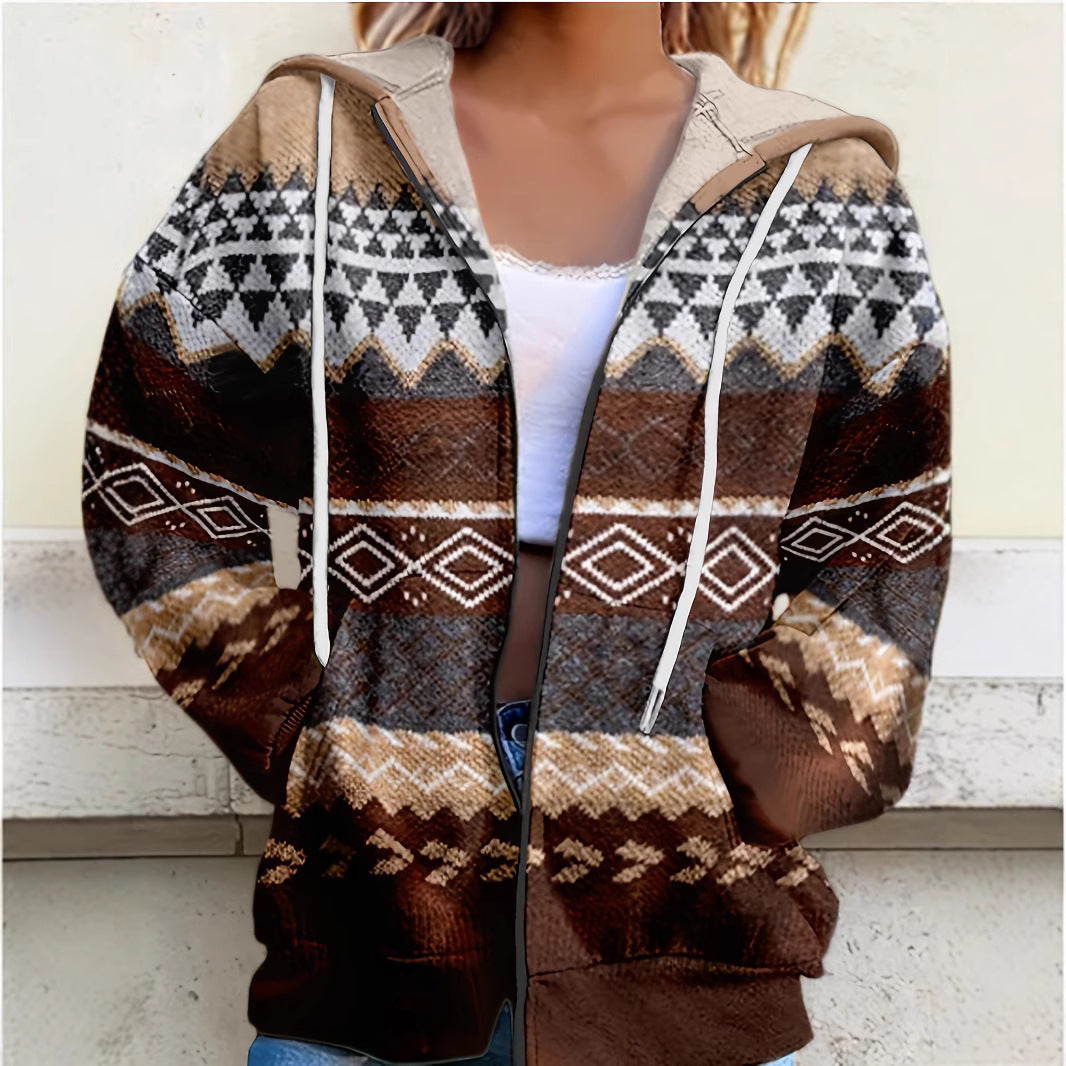 Dame Hyggelig Fleece Zip-Up Hoodie med Geometriske Mønstre Stilla