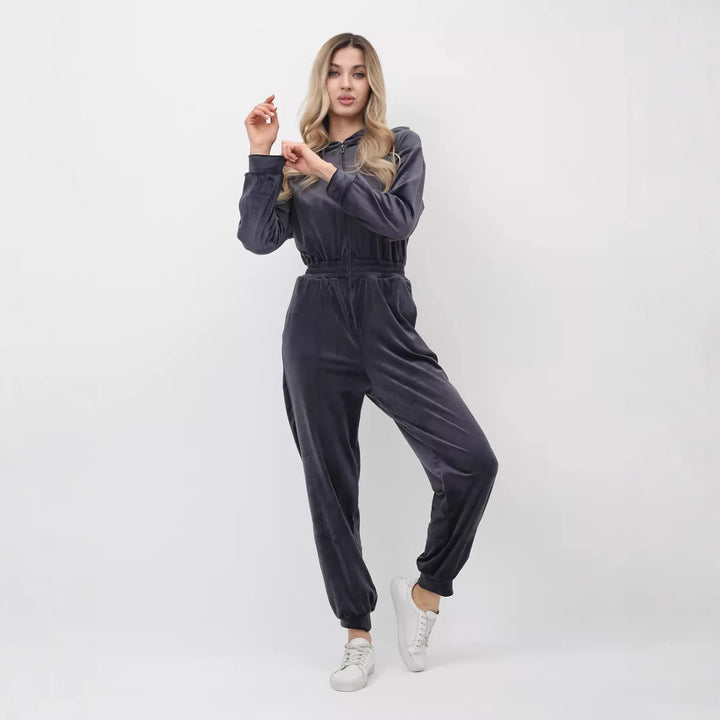 Kvinders sporty fleece jumpsuit med hætte og elastisk talje Skovae