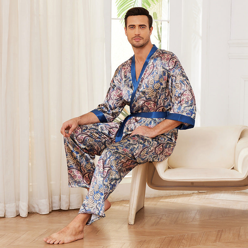 Herrer satin pyjamasæt med kunstnerisk barok mønster og tætsiddende bælte Stilla