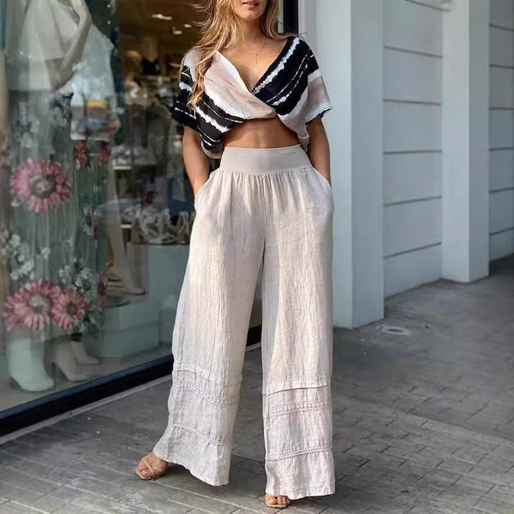 Damer cropped top med stilfuldt stribemønster og brede linbukser Stilla