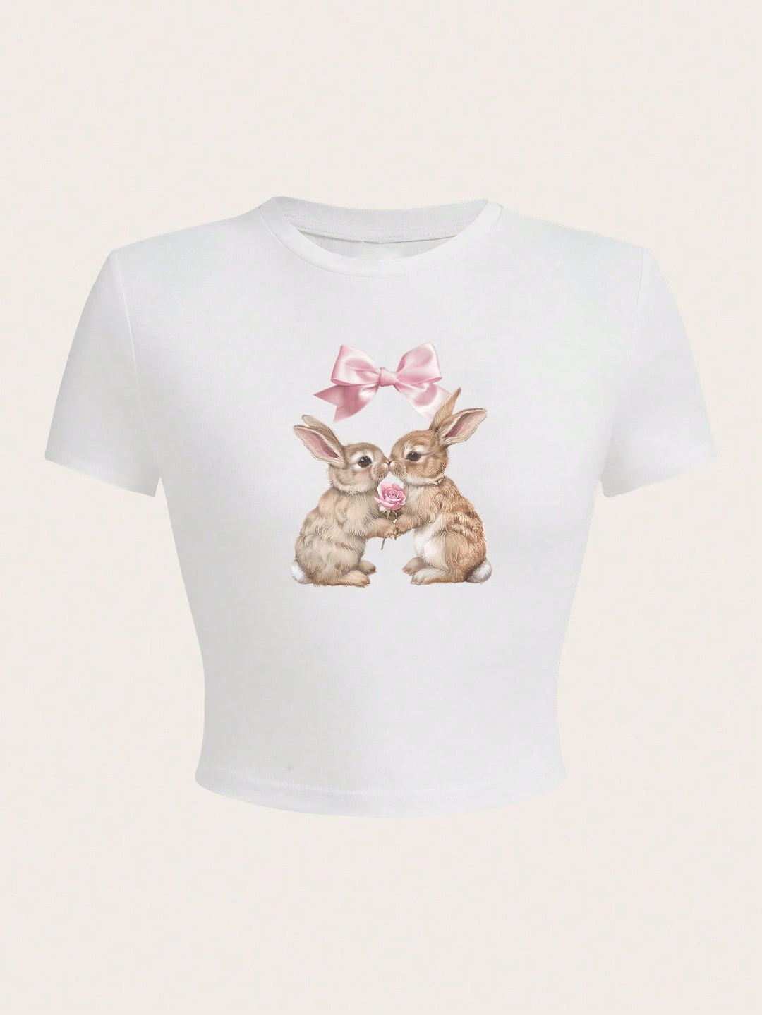 Dame Crop-Top med vidunderligt kaninmotiv og sløjfetryk Skovae