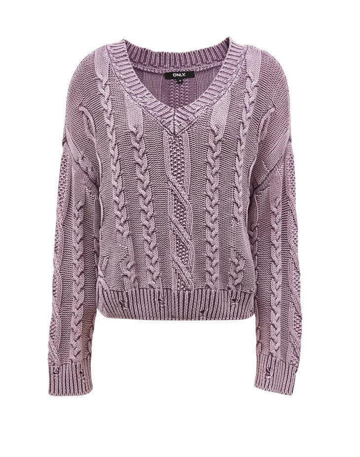 Kvinders strikket pullover med kabelmønster og V-hals Stilla