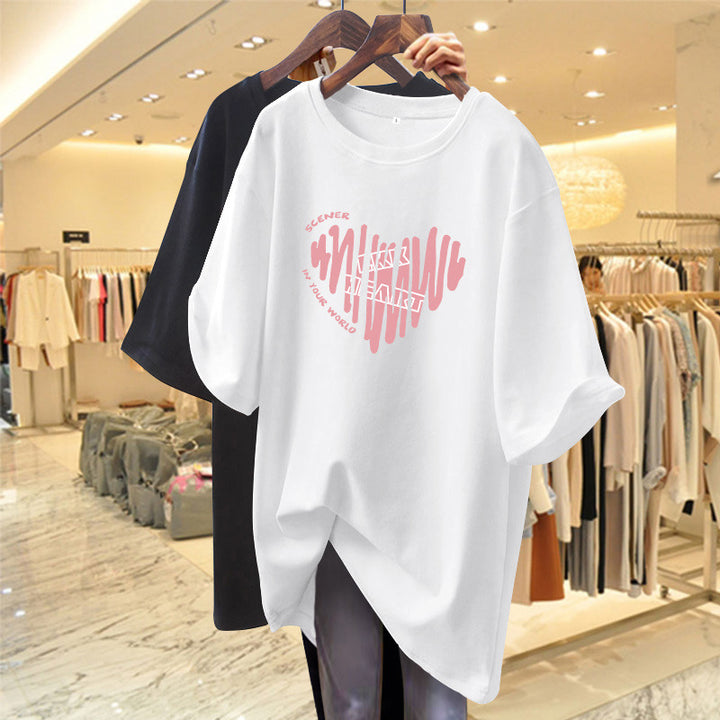 Dame Oversized T-shirt med kreativt hjerte motiv og moderne skrift Stilla