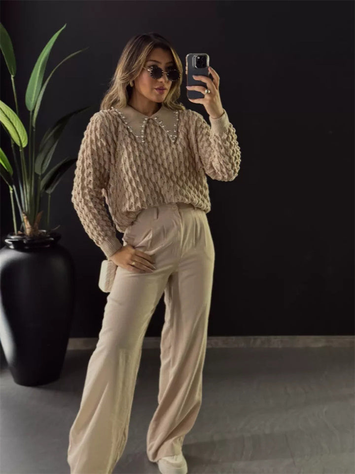 Dame Grovstrikpullover med elegant knappeliste Stilla