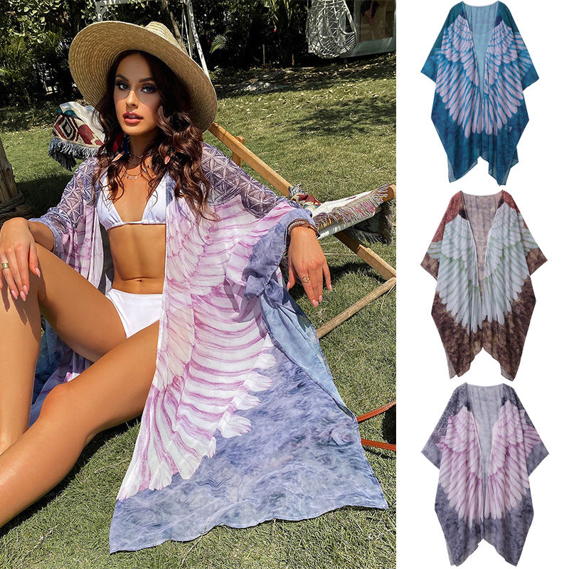 Dame Strandkimono med kunstnerisk vinge-design Stilla