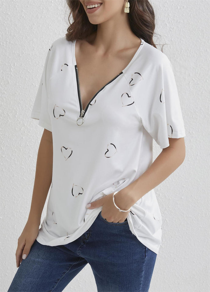 Dame moderne oversized T-shirt med halvtransparent hjerte design og moderne lynlås Stilla