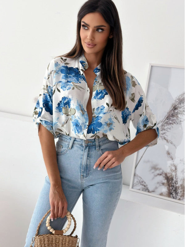 Damebluse med blomstermønster og dropped skuldre Stilla