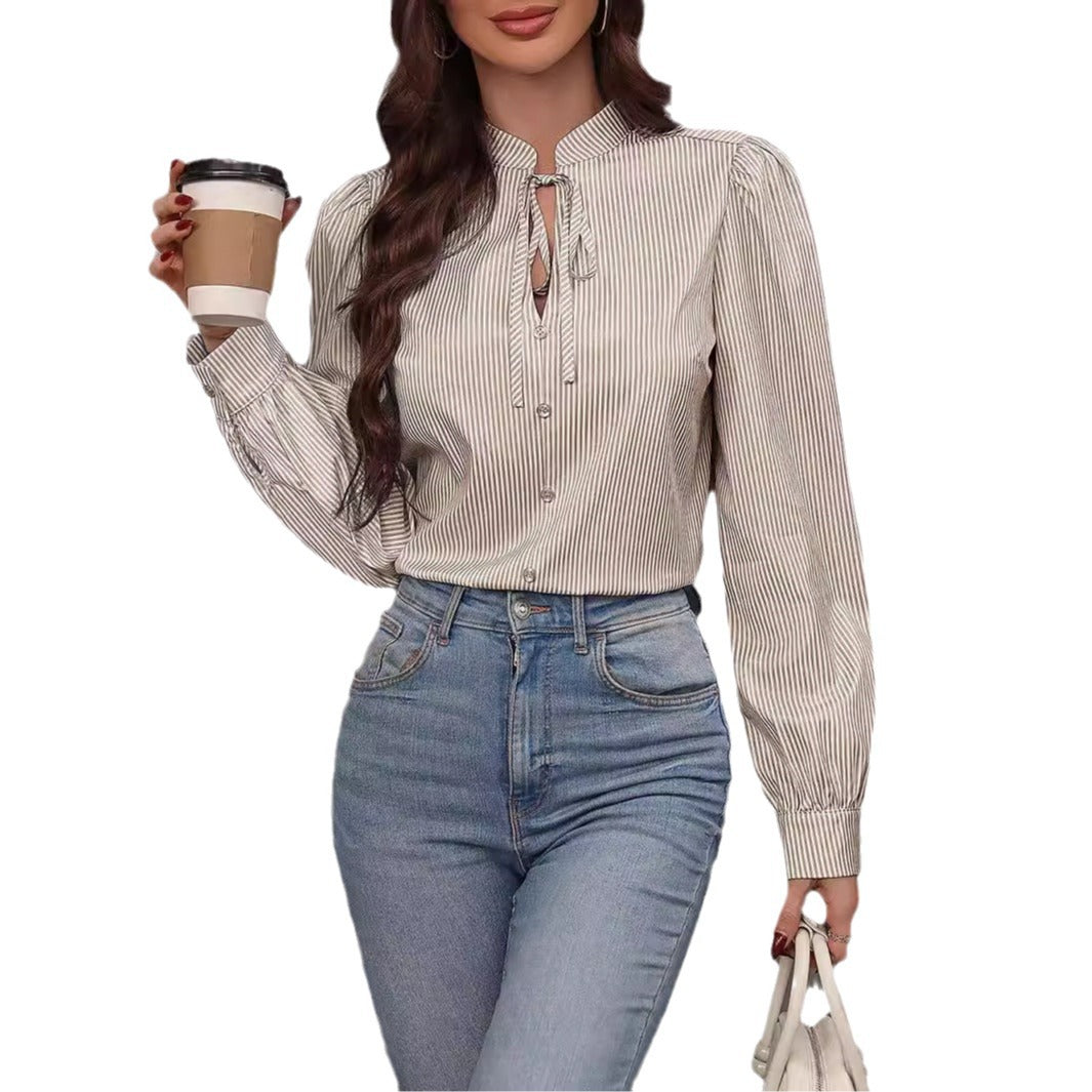 Damer stribet bluse top med krave Stilla