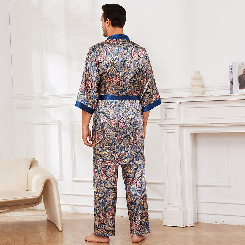 Herrer satin pyjamasæt med kunstnerisk barok mønster og tætsiddende bælte Stilla