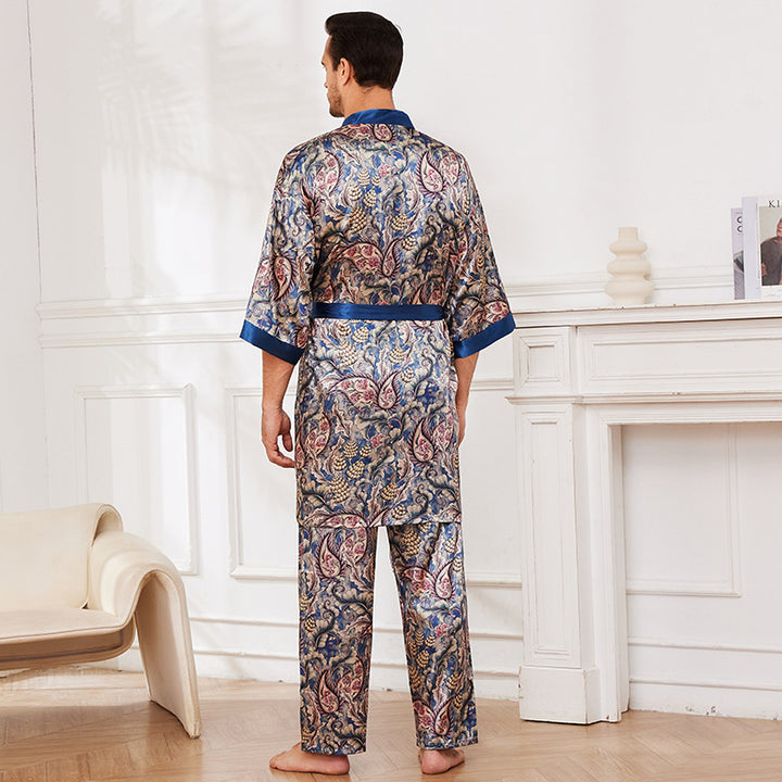 Herrer satin pyjamasæt med kunstnerisk barok mønster og tætsiddende bælte Stilla