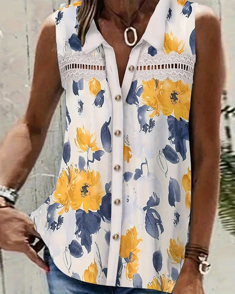 Dame Blusenskjorte med feminine blomsterprint og fine spids detaljer Stilla