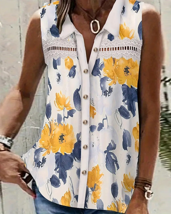 Dame Blusenskjorte med feminine blomsterprint og fine spids detaljer Stilla