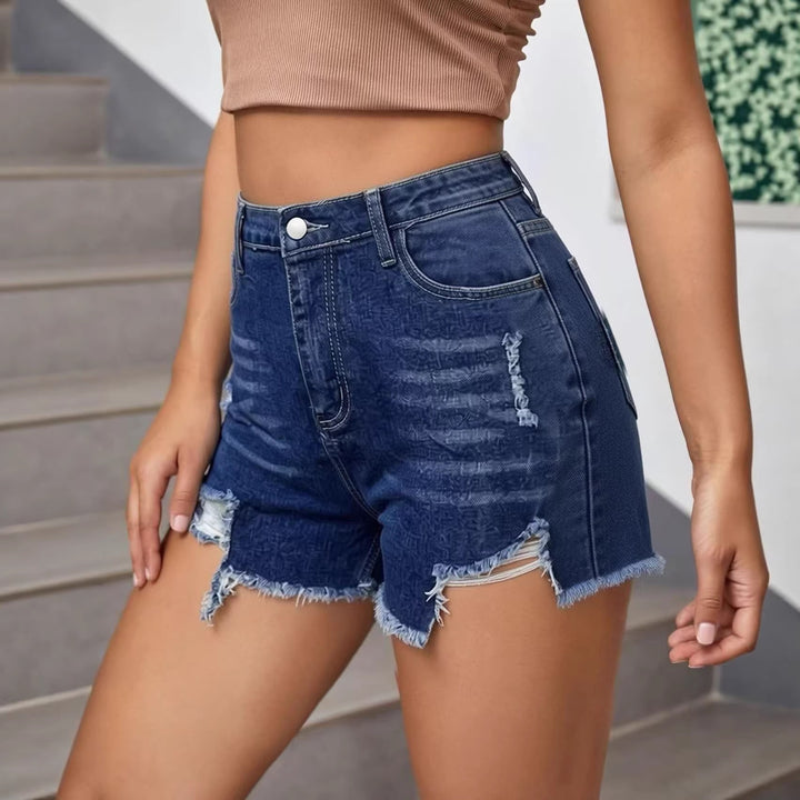 Dame casual Destroyed jeansshorts med høj talje og frynset afslutninger Skovae