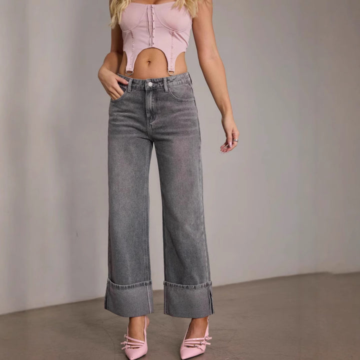 Dame brede jeans med frynset sømme og høj talje Stilla