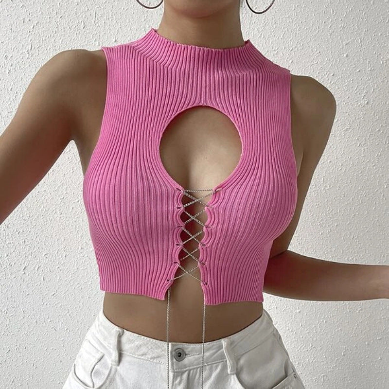 Dame Strik Crop Top med raffineret Udsnit og Snøredetaljer Stilla