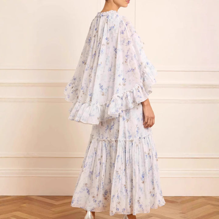 Dame lang, floral Maxikjole med flæsedetaljer Stilla