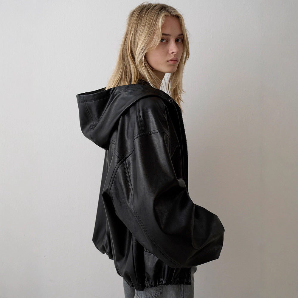 Kvinder Casual Faux Læder Jakke med Hætte Stilla