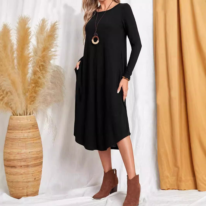 Dame elegant Langærmet-kjole med asymmetrisk kant og komfortabel pasform Stilla