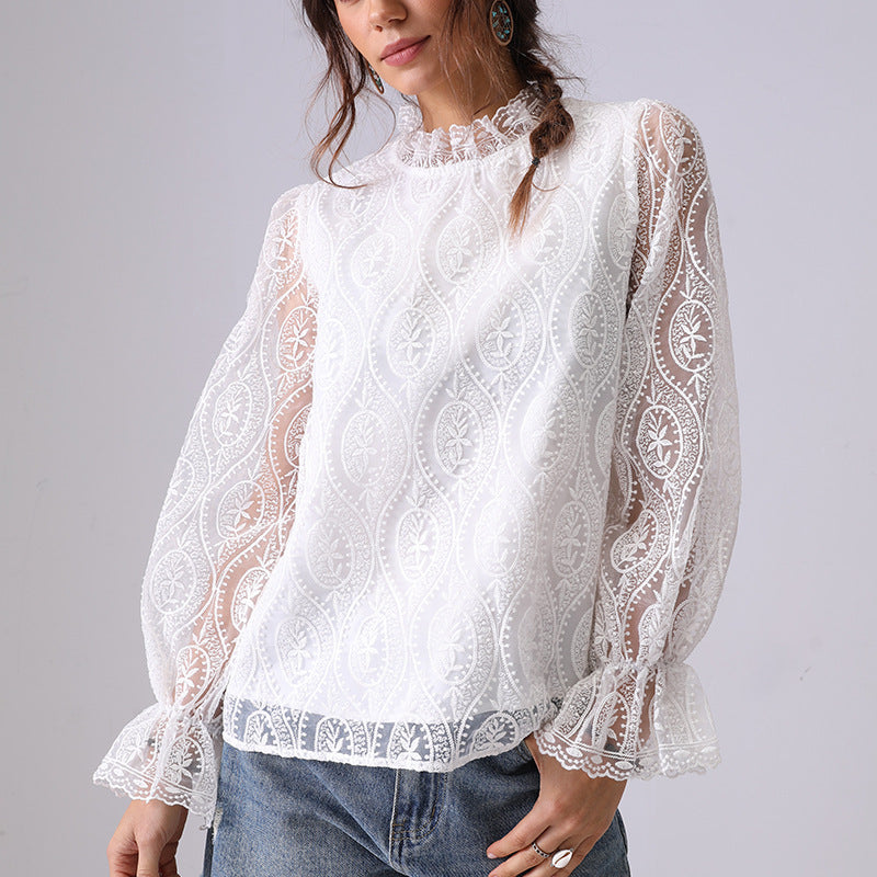 Dame Elegant Spids Overlay Bluse Stilla