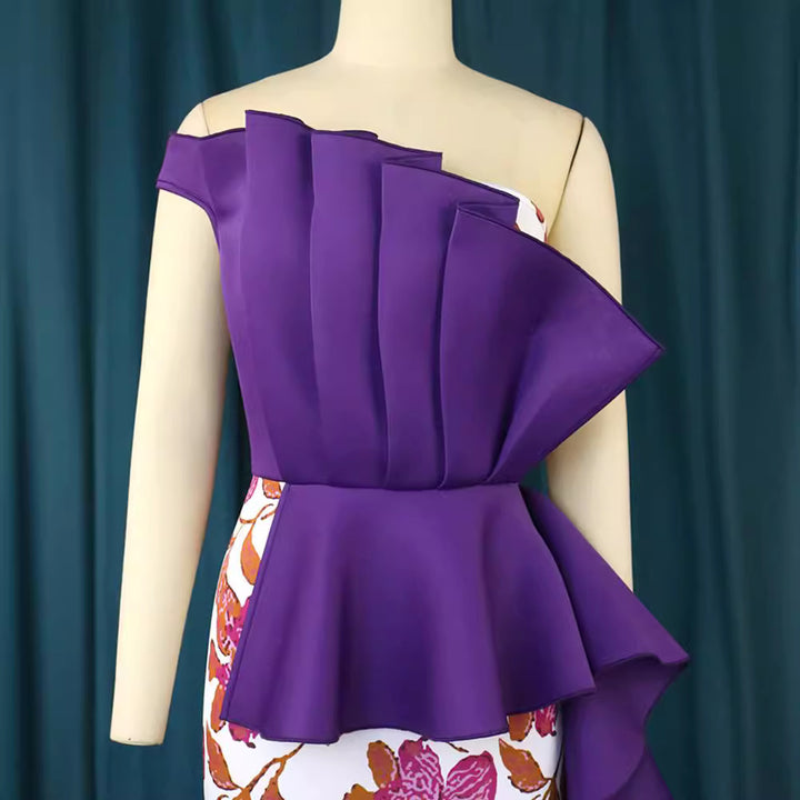 Dame elegant kjole med asymmetrisk flæse design og blomster mønstre Skovae